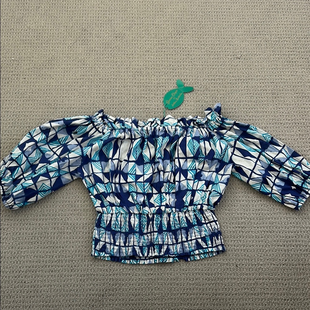 Blue and White Geometric Off-Shoulder Top